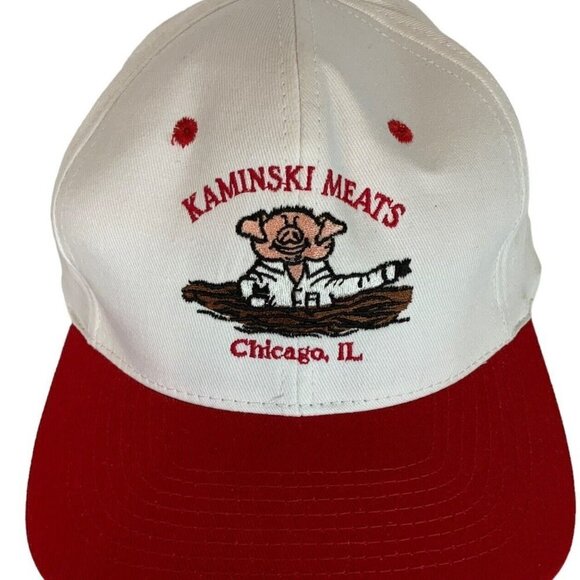 Kaminski Meats Chicago IL Embroidered Hat Cap Pig White Red Snapback KC Caps - Picture 2 of 8